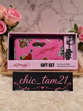 Ed Hardy Pink Tattoo Floral Zip-Around Wallet Gift Set with Key Ring